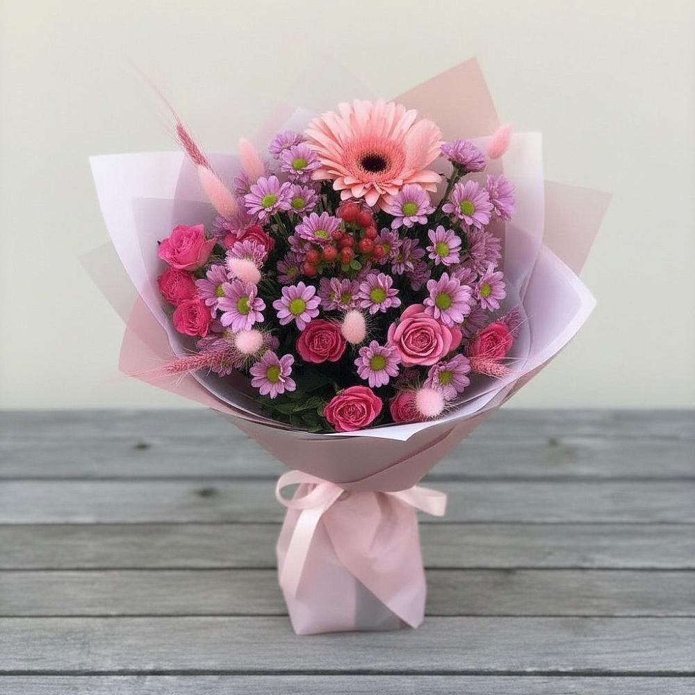 Букет цветов из: Розы, Герберы и Хризантемы в Верхней Кугульте